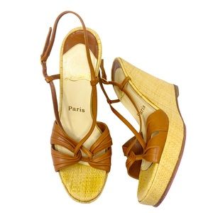 Christian Louboutin Espadrille Wedge Sandals Leather Brown Strappy Size 37